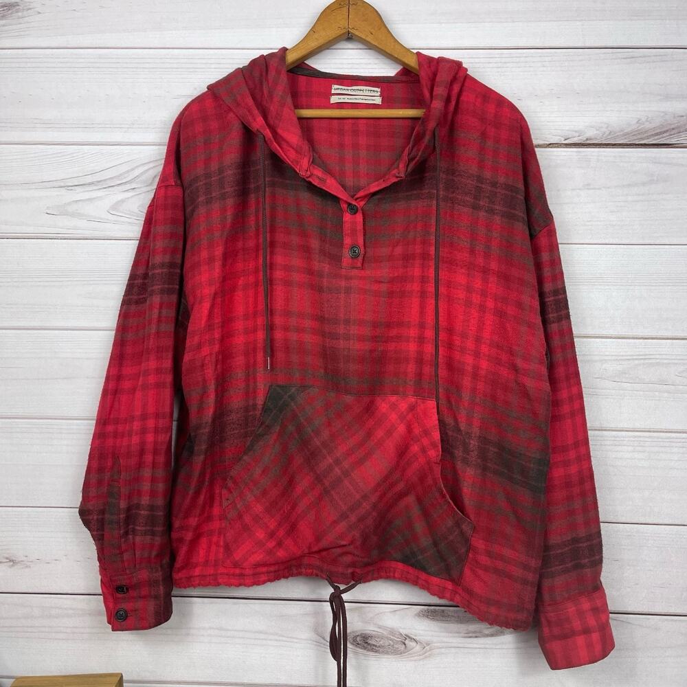Urban Outfitters Women's Flannel Hoodie Red Plaid Tie Size Small
